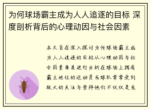 为何球场霸主成为人人追逐的目标 深度剖析背后的心理动因与社会因素