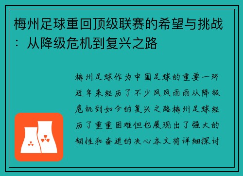 梅州足球重回顶级联赛的希望与挑战：从降级危机到复兴之路