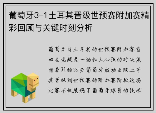 葡萄牙3-1土耳其晋级世预赛附加赛精彩回顾与关键时刻分析
