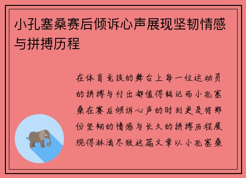 小孔塞桑赛后倾诉心声展现坚韧情感与拼搏历程